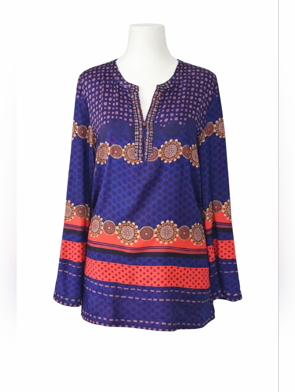 Tribal Print Split-Neck Blouse Boho – Medium